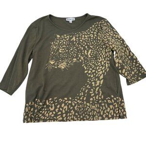 Southern Lady Olive Leopard Print 3/4 Sleeve Womens Top L Cotton‎ Blend
